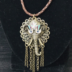 BOHO Elephant Necklace on Braided Faux Leather Chain