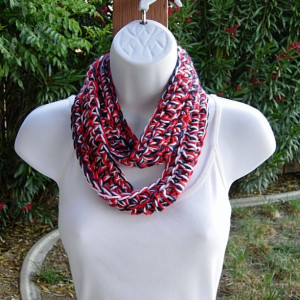 Red White and Blue 4th of July SUMMER SCARF Small Infinity Loop Soft Lightweight Crochet Necklace, Skinny Knit Cowl..Ready to Ship in 3 Days