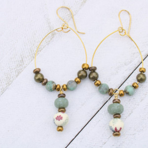 Green and White, Blue and Purple Floral Clay Earrings, Metallic Round Beads, with Metal Spacers Earrings