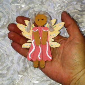 Coral with Peach Wings Wood Pixie Charm / Hanging Pixie Art / Gift for Girl / Gift for Pixie Lover