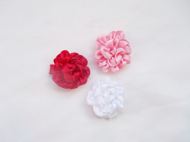 Satin Rosette Hair Clip Flower Trio - Red, Pink, White