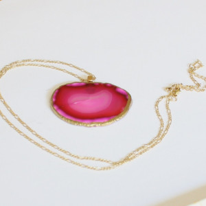 Beautiful Gilded Pink and Magenta Agate Slice Large Geode Necklace. Geode Jewelry