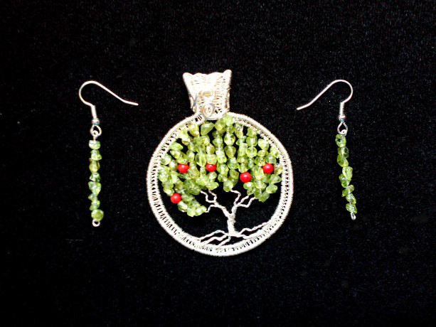Green Peridot Apple Tree of Life Silver Wire Wrap Pendant with Genuine Coral "Apples" and FREE Matching Earrings!