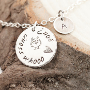 Love message necklace, custom engraved necklace with an owl, sterling silver, initial charm
