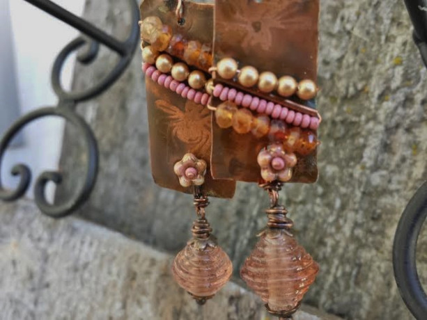 Beaded Copper Gypsy Earrings with Insect motif