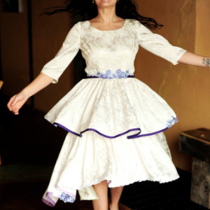 Savannah - 1950s Reworked Vintage Short Brocade Wedding Dress/ White & Purple/ Two Tier Ruffled Skirt/ Sleeves/One of a Kind