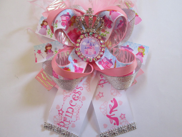 Handmade Boutique Princess And Crown Pink Girls Hair Bow