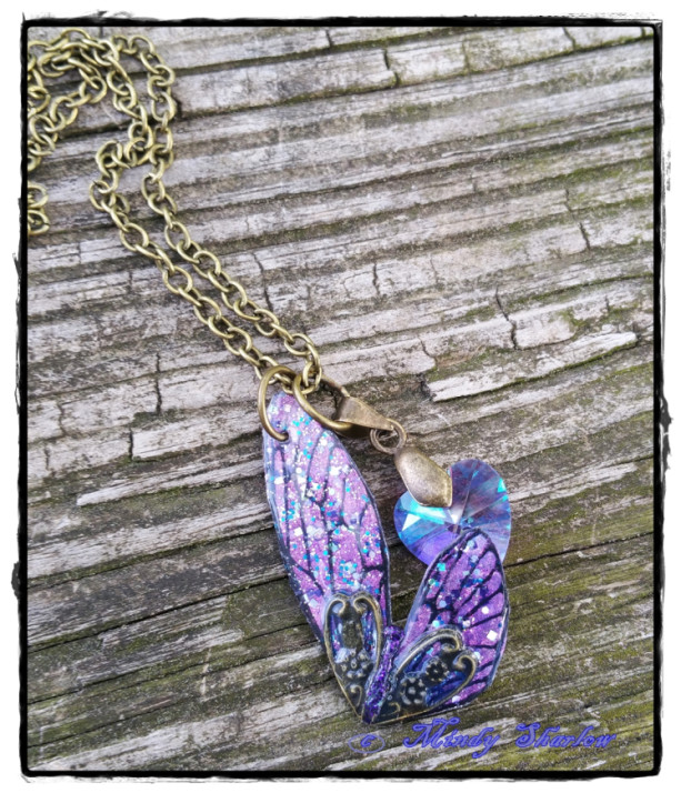 Lavender Cicada Wing Pendant and Crystal Heart in Bronze 