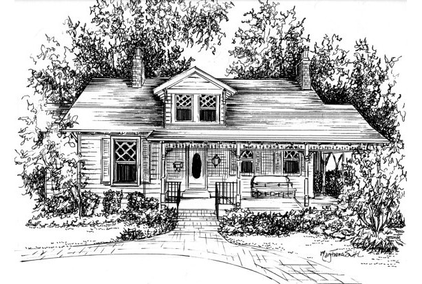 House portrait hand drawn in ink