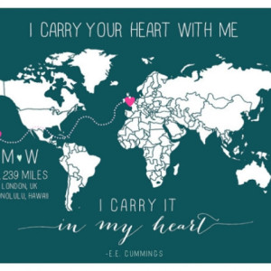 CUSTOM Long distance relationship love world map print with miles military or anniversary gift