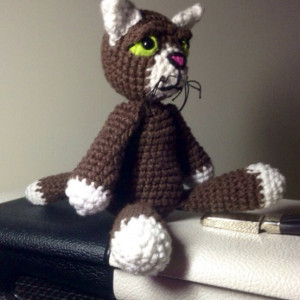 crochet plush cat, fiber art doll, brown white, amigurumi stuffed cat, scented, custom, cute, soft