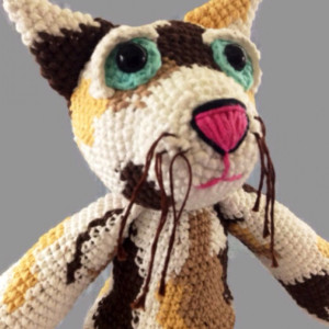 crochet calico cat, plush fiber art doll, eco-friendly, calming scent, wool stuffed, amigurumi, made to order