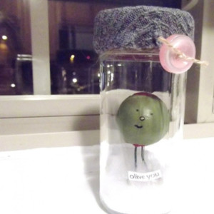 olive you / clay miniature in recycled glass jar
