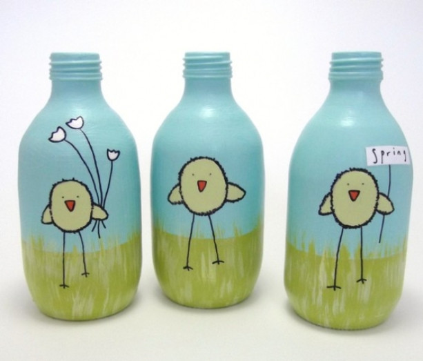 spring chickens / set of three / hand painted recycled glass bottles