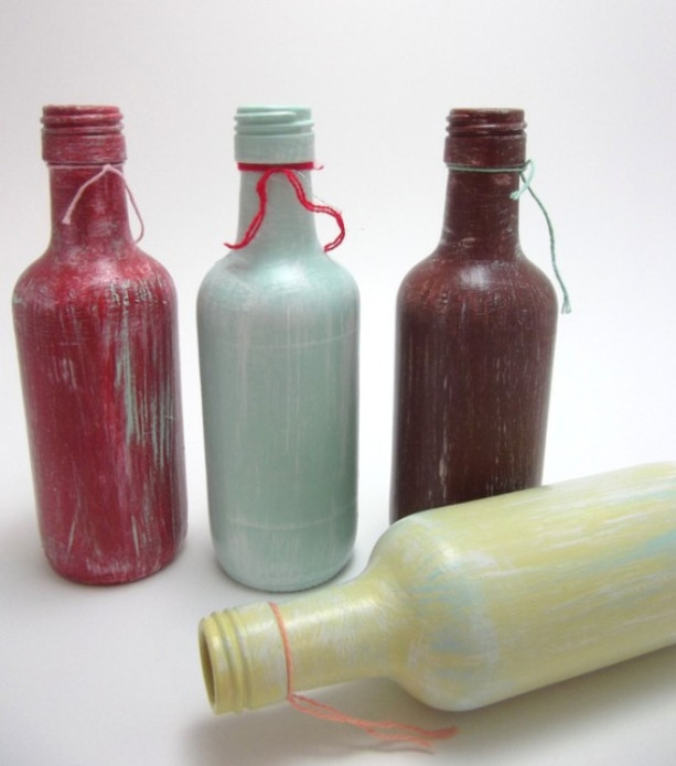 weathered  hand painted recycled glass bottles / set of four