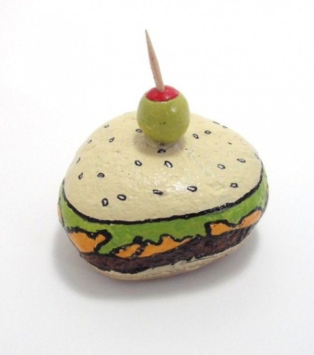hamburger and olive / painted rock / paper weight