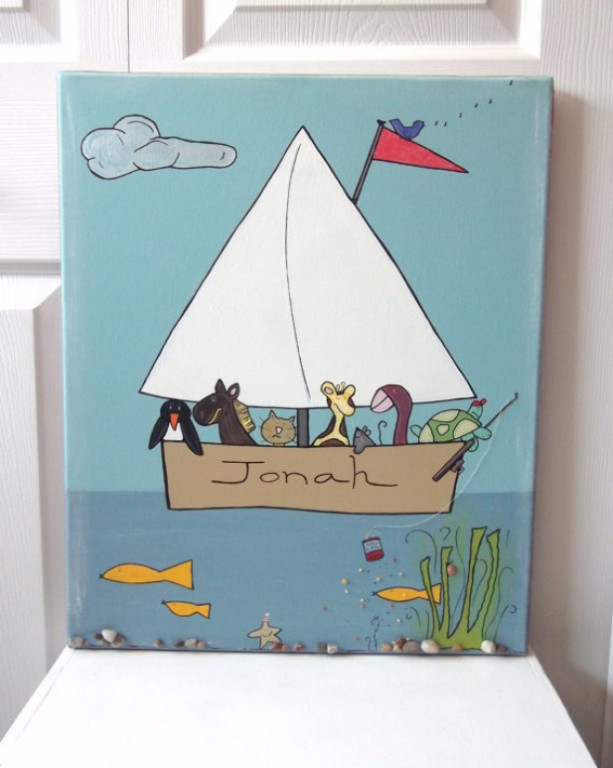 fishing with friends / hand painted and embellished personalized 16x20 canvas