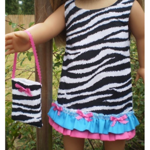 American Girl Doll Dress, American Girl Doll purse, Zebra pink turquoise Dress, American Girl Doll Clothes, handmade 18" doll clothes