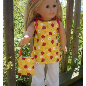 American Girl Doll Clothes, Pants Purse Shirt, Ladybug and White, American Girl Doll Pants, 18" Doll Pant and Purse, Handmade Doll Clothes