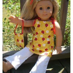 American Girl Doll Clothes, Pants Purse Shirt, Ladybug and White, American Girl Doll Pants, 18" Doll Pant and Purse, Handmade Doll Clothes