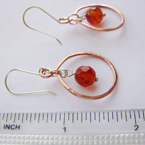 Copper Loop Earrings with Carnelian Faceted Bead and sterling silver