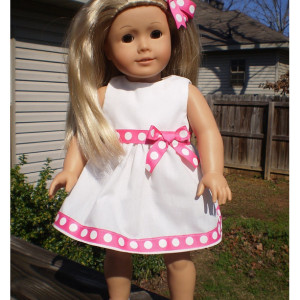 American Girl Doll Dress and hairbow, 18" White doll dress, pink and white polka dot, American Girl Doll Clothes, handmade doll clothes