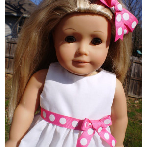 American Girl Doll Dress and hairbow, 18" White doll dress, pink and white polka dot, American Girl Doll Clothes, handmade doll clothes
