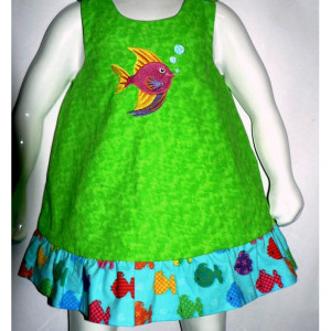 Rainbow Fish Infant 0-3 months Reversible Dress, Jumper or Sundress in Aqua and green