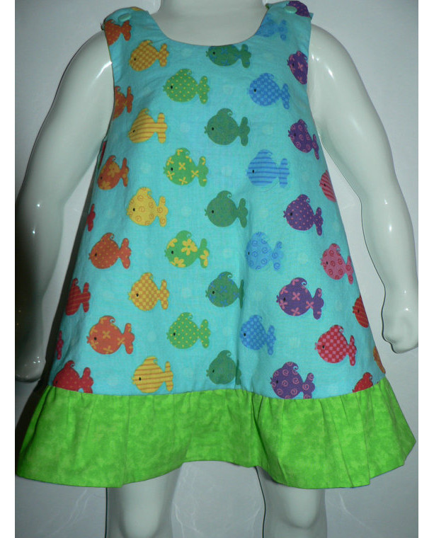 Rainbow Fish Infant 6-12 months Reversible Dress, Jumper or Sundress in Aqua and green