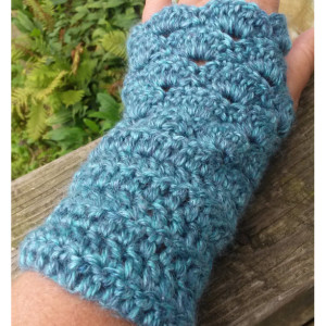 Womens Crocheted Blue Lace Fingerless Mitts