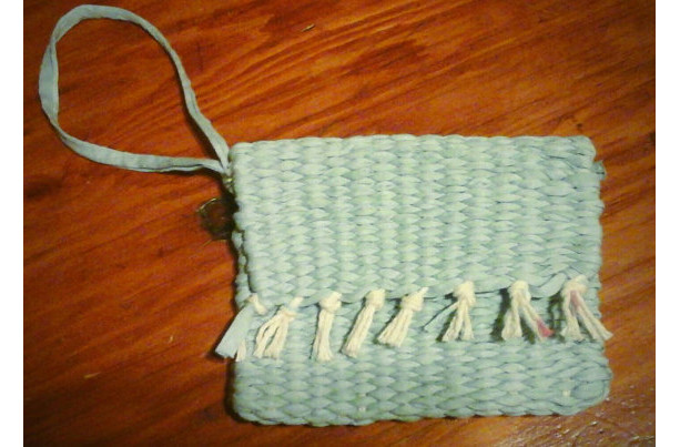 Woven hand made loomed wristlet, light blue, washable, mixed fibers, made in USA free shipping clutch purse