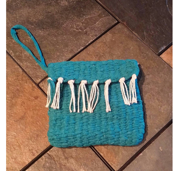 USA handmade woven loomed wristlet purse clutch washable teal satin lined free shipping