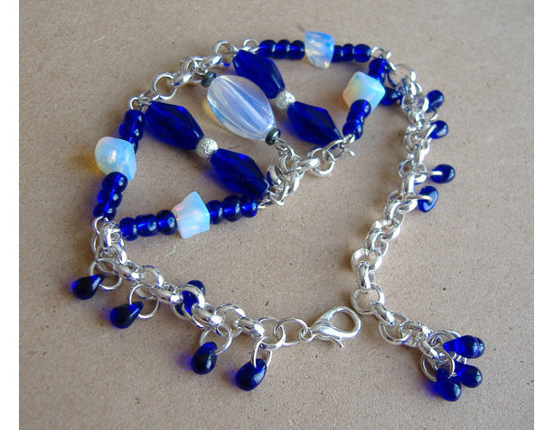 Opalite Gemstone and Royal Blue Glass Beads Chain Bracelet