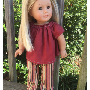 American Girl Doll Clothes, Striped Doll Pants, American Girl Doll Pants, 18" Burgandy Doll Shirt, Handmade Doll Clothes