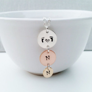 Family Necklace with Three Hand Stamped Initial Disc Pendant; Sterling Silver, 14k Gold Filled & 14k Rose Gold Filled Jewelry Gift Idea for Her, 