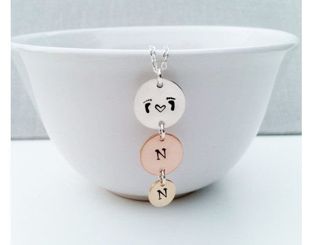 Family Necklace with Three Hand Stamped Initial Disc Pendant; Sterling Silver, 14k Gold Filled & 14k Rose Gold Filled Jewelry Gift Idea for Her, 