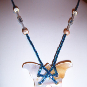 Mother Of Pearl Butterfly Pendant Vintage Bead Necklace