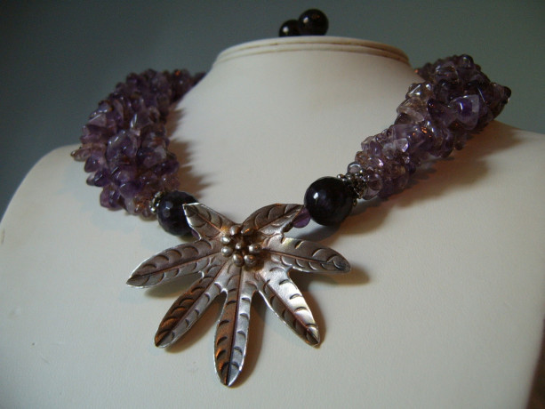 Amethyst Amazon Hilltribe Sterling Leaf Necklace/Earrings Set | aftcra