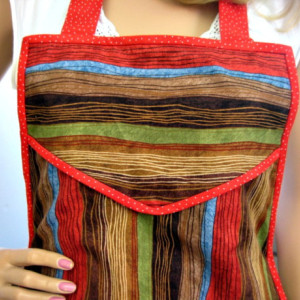 Retro Vintage Style Apron with hidden side pockets- Colorful Woodgrain Print with a red Trim - Flatters all body types