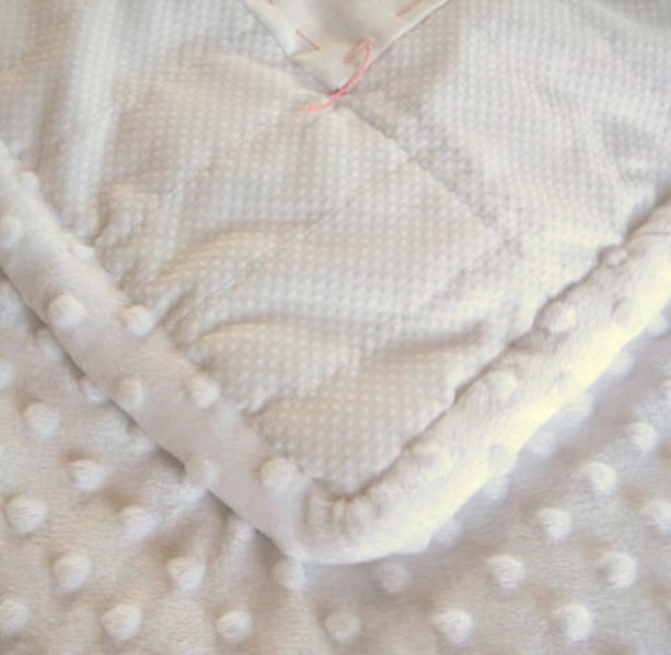 Unique White Baby Quilt, White Minky with Hand Embroidery, Blue and Pink Pieced hearts, Hand finished and tied