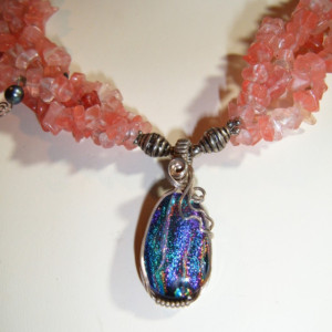Cherry Quartz Strands Sterling Wrapped Rainbow Diochroic Glass Pendant Creation Necklace