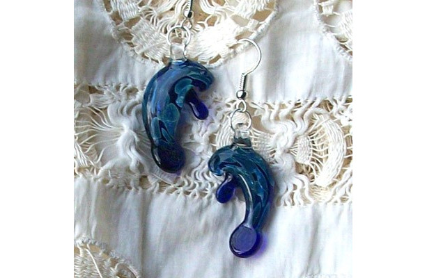 Hand Blown Glass Cobalt Manatee Earrings, Hanging, Post or Clip On