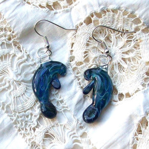 Hand Sculpted Glass Blue Moon Manatee Earrings