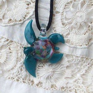 Hand Blown Glass Aqua Sea Turtle Pendant, Necklace, Focal Bead