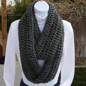 INFINITY SCARF Loop Cowl Solid Charcoal Grey Gray Extra Soft Crochet Knit Warm Long Winter Circle Wrap, Neck Warmer..Ready to Ship in 3 Days