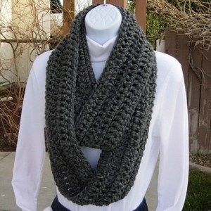 INFINITY SCARF Loop Cowl Solid Charcoal Grey Gray Extra Soft Crochet Knit Warm Long Winter Circle Wrap, Neck Warmer..Ready to Ship in 3 Days