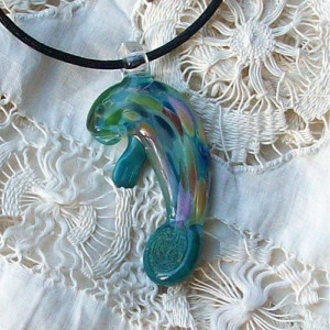 Glass Lampwork Aqua Manatee Pendant, Focal Bead