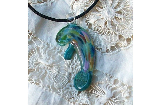 Glass Lampwork Aqua Manatee Pendant, Focal Bead