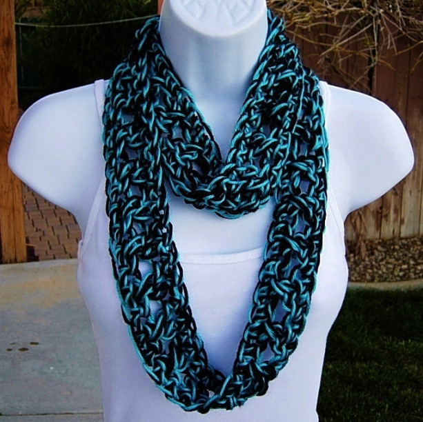 SUMMER SCARF Infinity Loop Cowl, Black & Bright Turquoise Blue, Soft Small Lightweight Handmade Crochet Necklace, Women's Neck Tie..Ready to Ship in 3 Days