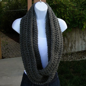 INFINITY SCARF Loop Cowl, Solid Charcoal Grey Gray Extra Soft Long Narrow Crochet Knit Winter Skinny..Ready to Ship in 3 Days